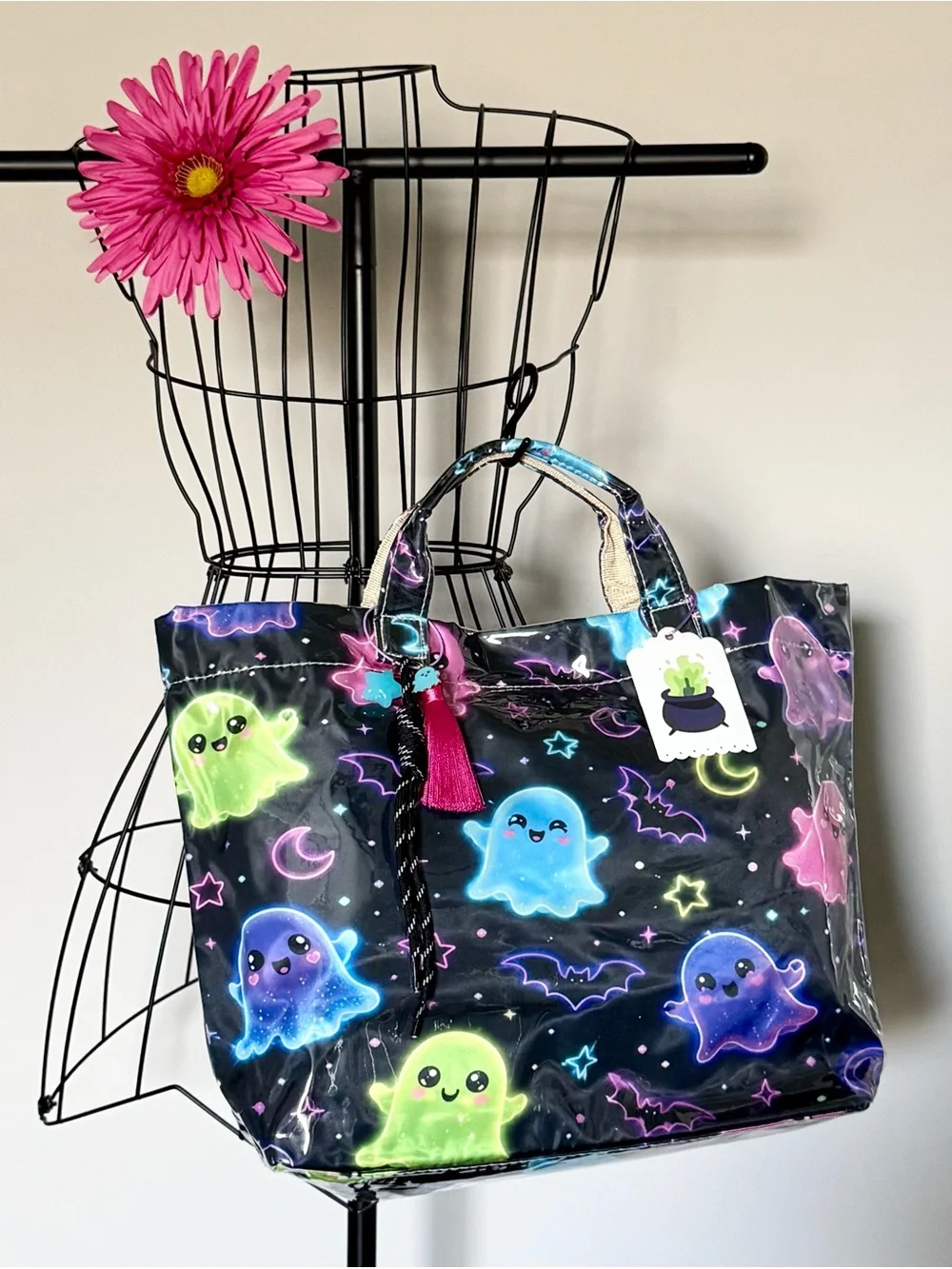 New Halloween Colorful Ghosts & Bats Black PVC Handbag Purse Tote Bag w/ Charm